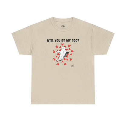  A t-shirt featuring a cute floating ghost surrounded by bursting hearts. At the top of the design, the text reads, "Will You Be my Boo?"