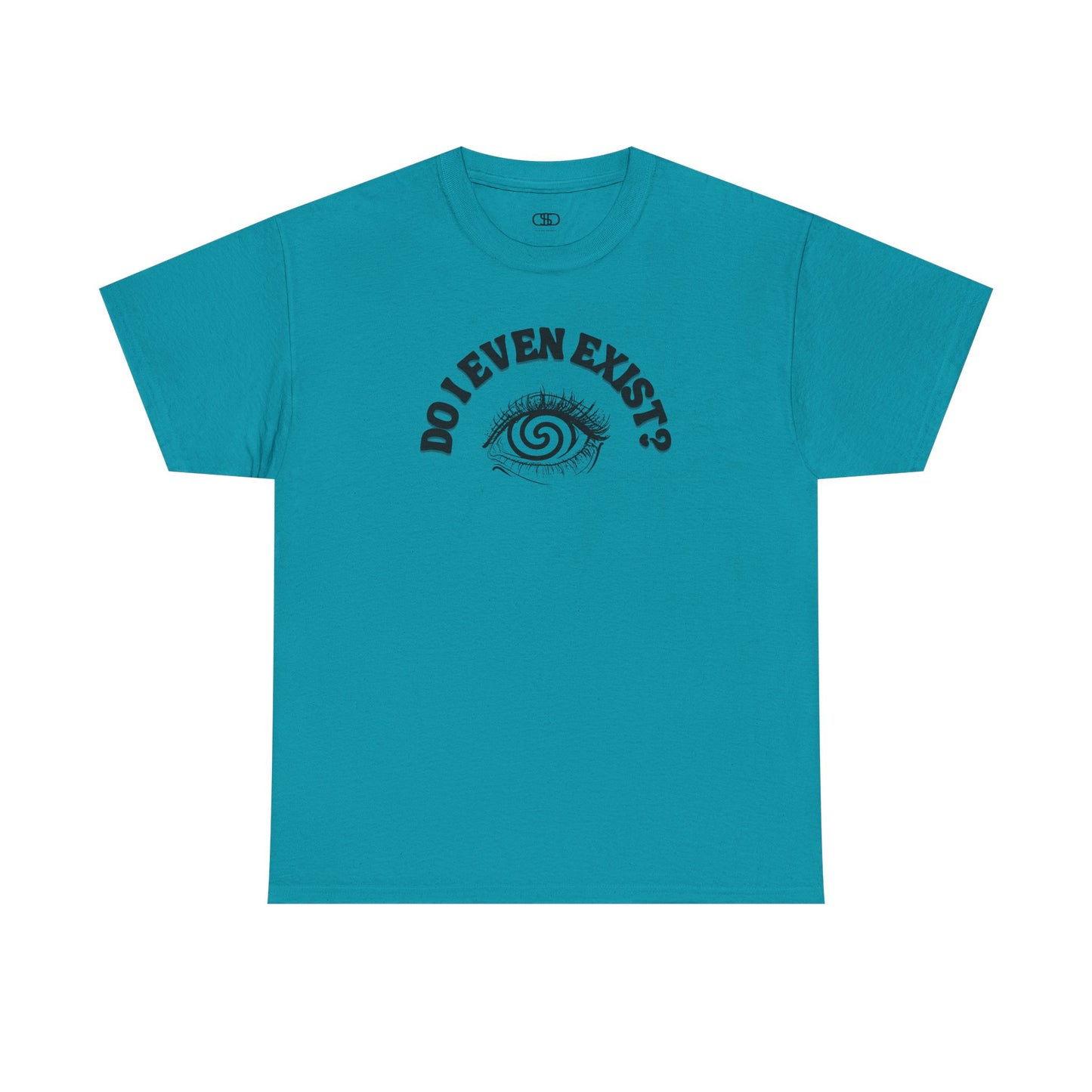 T-shirt with an eyeball and a mind-bending optical illusion and the text "Do I even exist?"