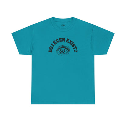T-shirt with an eyeball and a mind-bending optical illusion and the text "Do I even exist?"