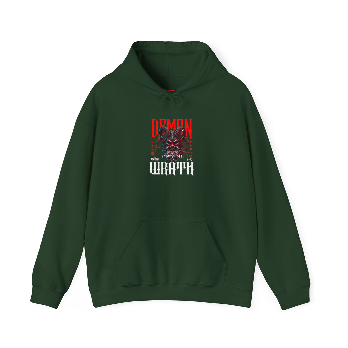 A forest green hoodie featuring a Red horned demon head with "Demon Wrath" text and lightning, gothic horror apparel design.