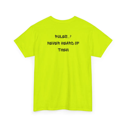 A SAFETY GREEN t-shirt with small rock hand symbol on front, and "Rules.. Never Heard of Them" graffiti text on the back.