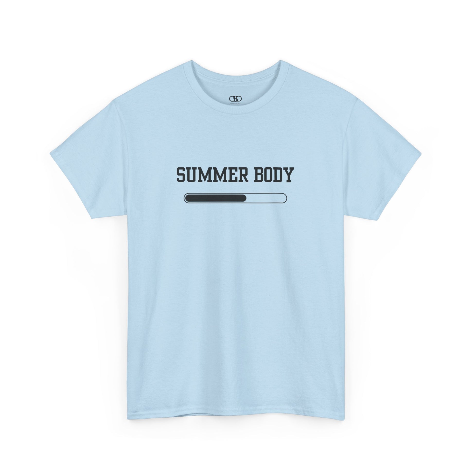 A light blue t-shirt with a loading bar and “Summer Body” on the front and “I left my summer body at home I prefer not to show off” on the back.