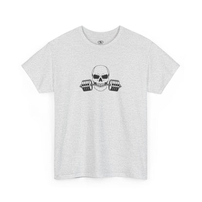 Gray t-shirt with a skull and barbell graphic on a white background