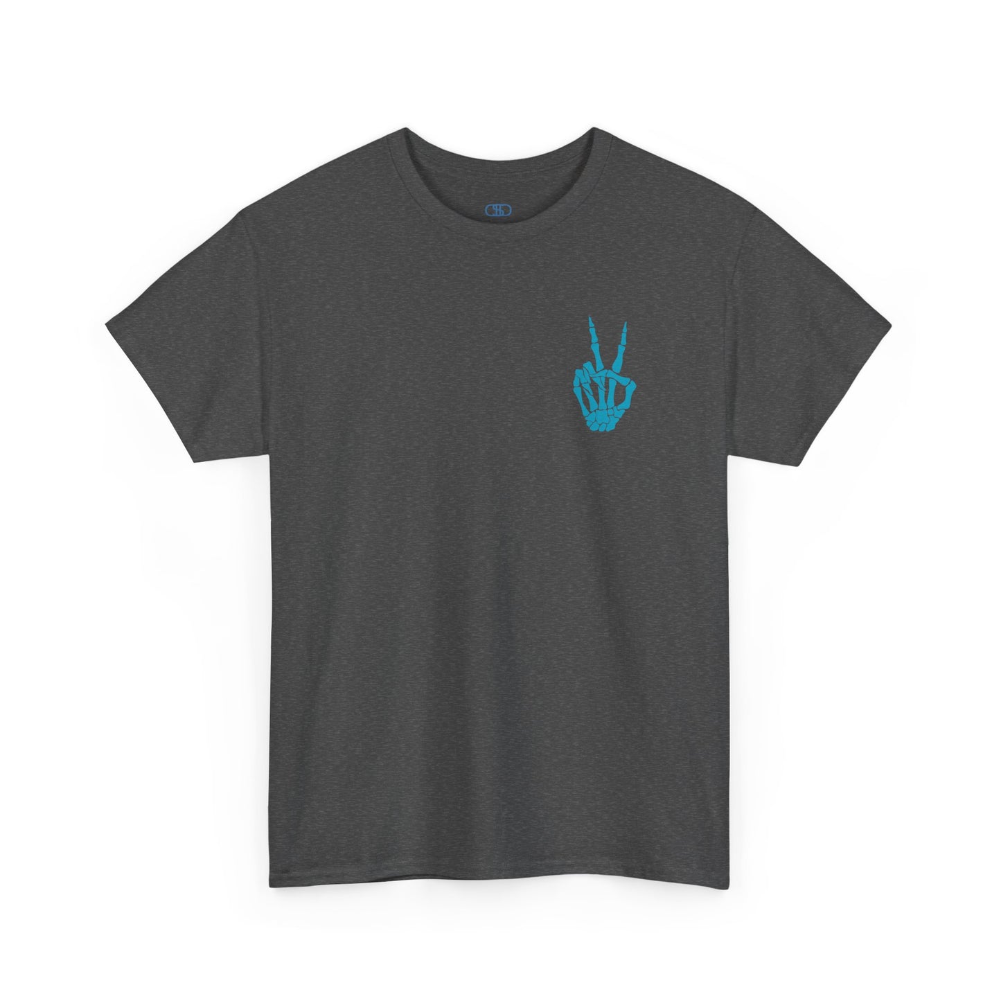 A [Heather Gray] t-shirt with a skeletal peace sign on the front and the phrase “Have the day you deserve” with a large skeletal peace sign on the back.