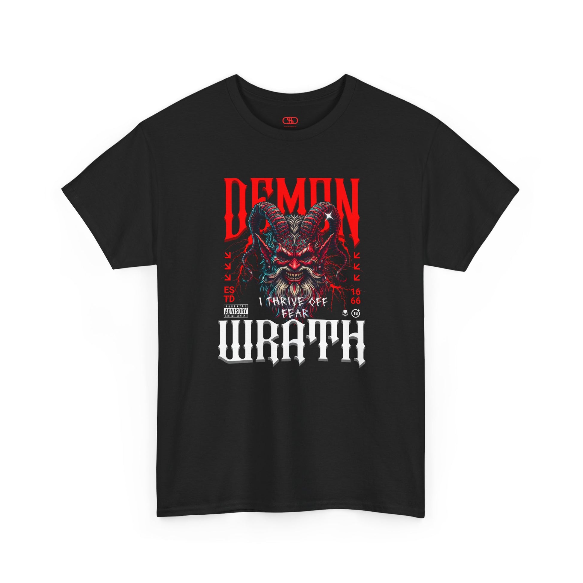 A black t-shirt featuring a Red horned demon head with "Demon Wrath" text and lightning, gothic horror t-shirt design