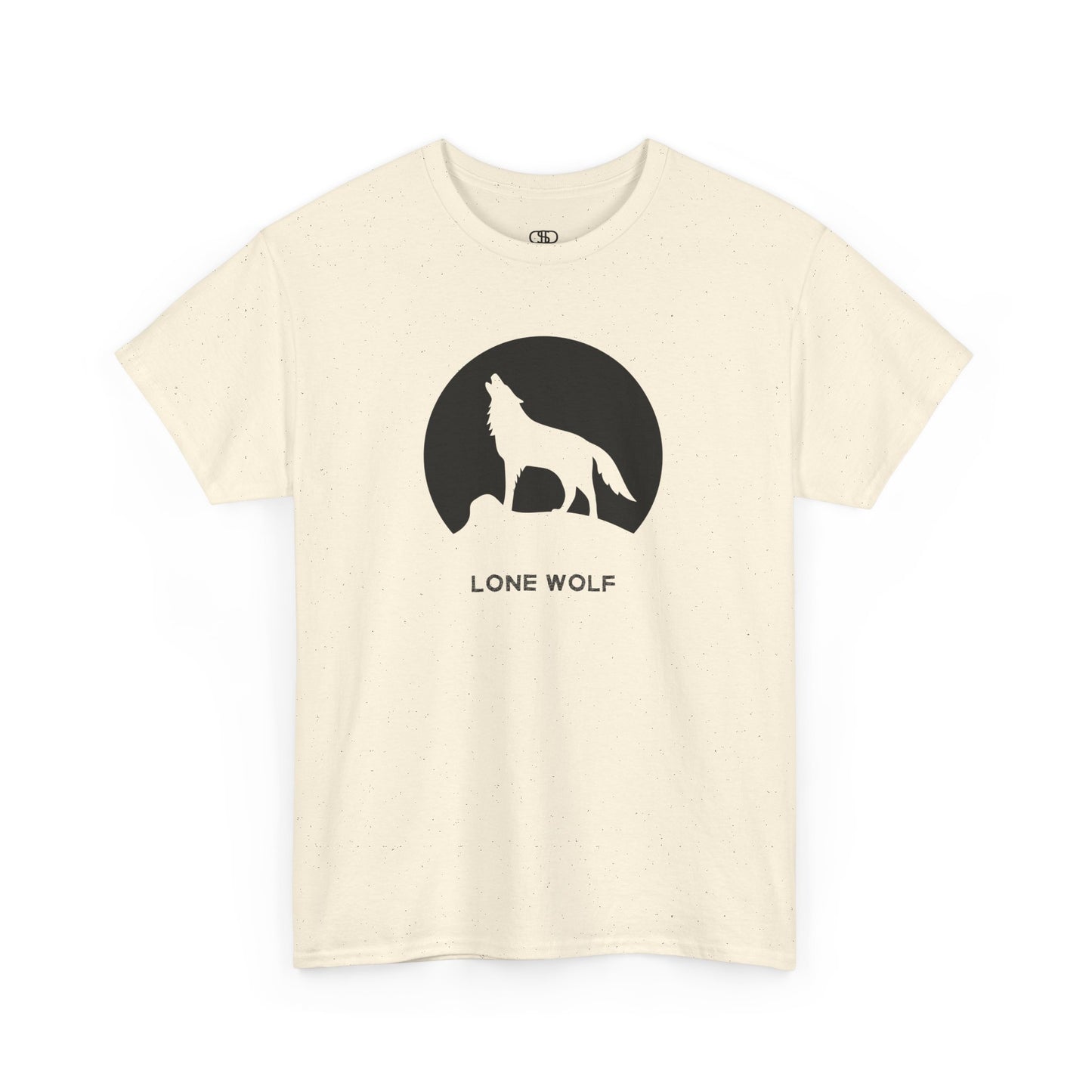 Graphic t-shirt with a black silhouette of a wolf howling on a mountain peak, with the words 'lone wolf' underneath.