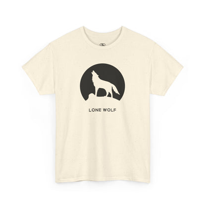 Graphic t-shirt with a black silhouette of a wolf howling on a mountain peak, with the words 'lone wolf' underneath.