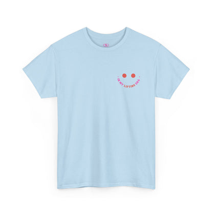 A light blue t-shirt with a retro smiley face on the front and the phrase “In my lifting Era” in a creative retro design on the back.