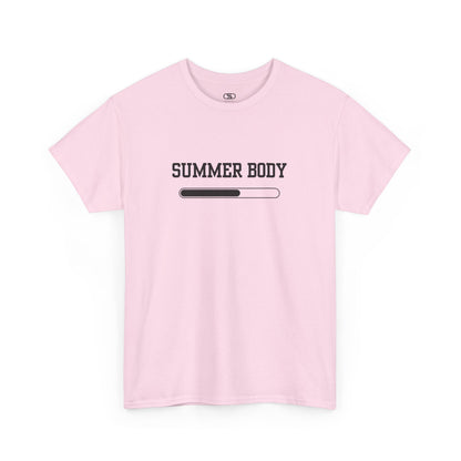 A light pink t-shirt with a loading bar and “Summer Body” on the front and “I left my summer body at home I prefer not to show off” on the back.