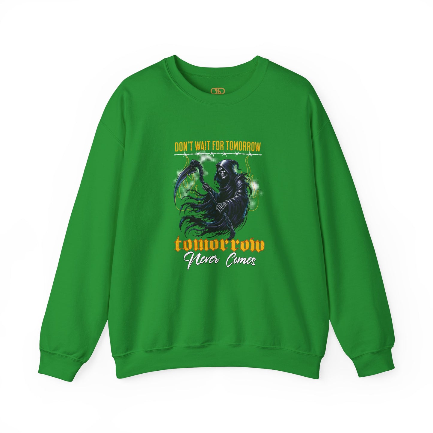 An Irish green sweatshirt featuring a Grim Reaper holding scythe with "Don't Wait For Tomorrow Tomorrow Never Comes" text, dark gothic sweatshirt design.
