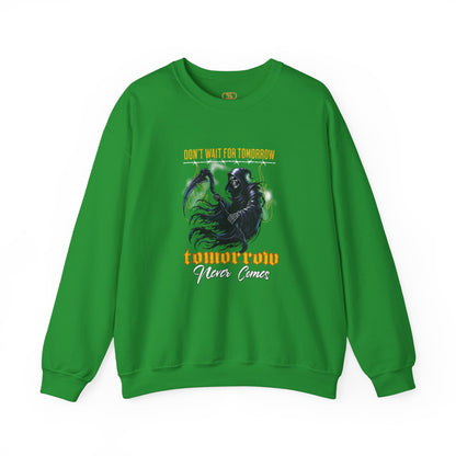 An Irish green sweatshirt featuring a Grim Reaper holding scythe with "Don't Wait For Tomorrow Tomorrow Never Comes" text, dark gothic sweatshirt design.