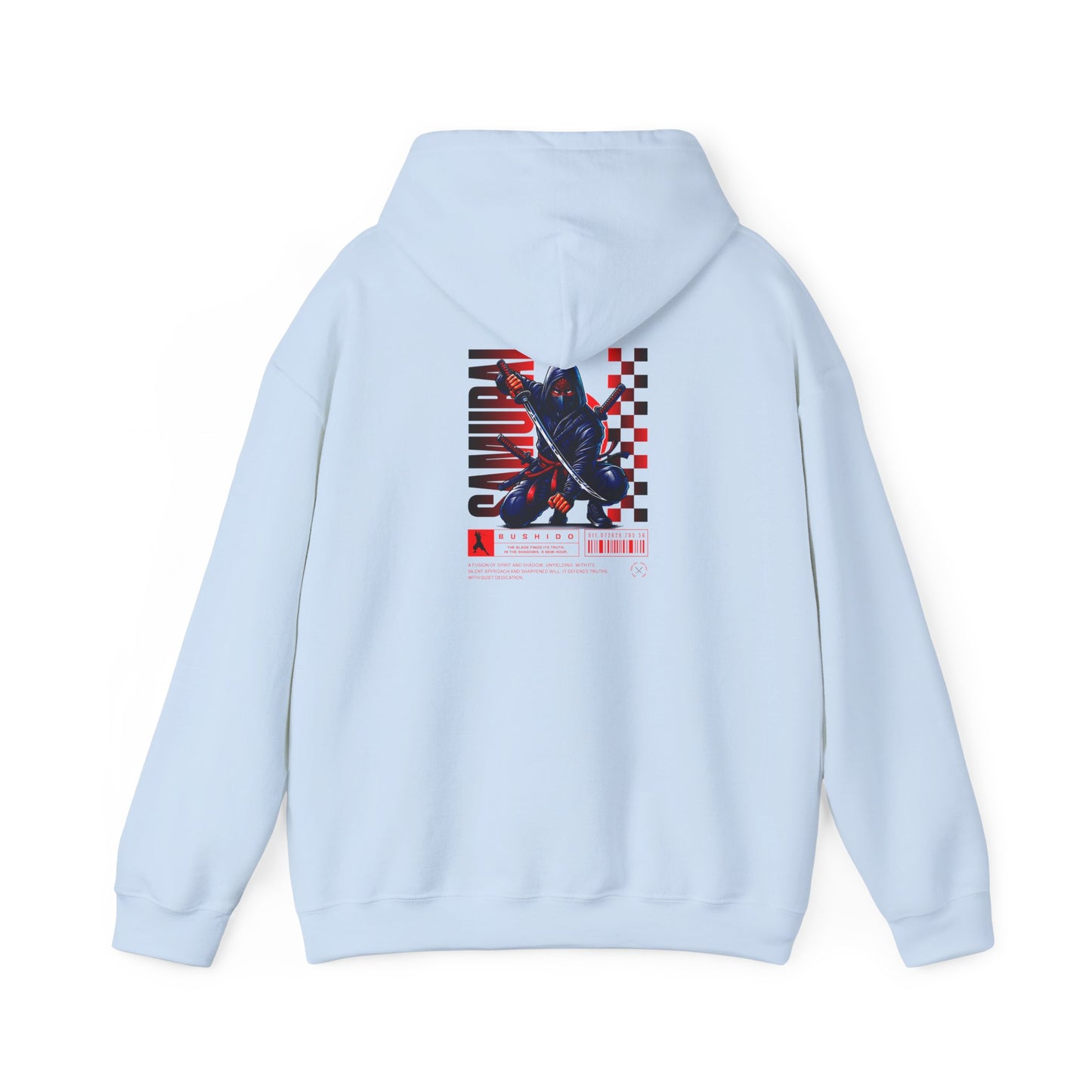A light blue hoodie featuring a Crouching ninja with two katanas and "Bushido" text, red and black Japanese-inspired hoodie design.