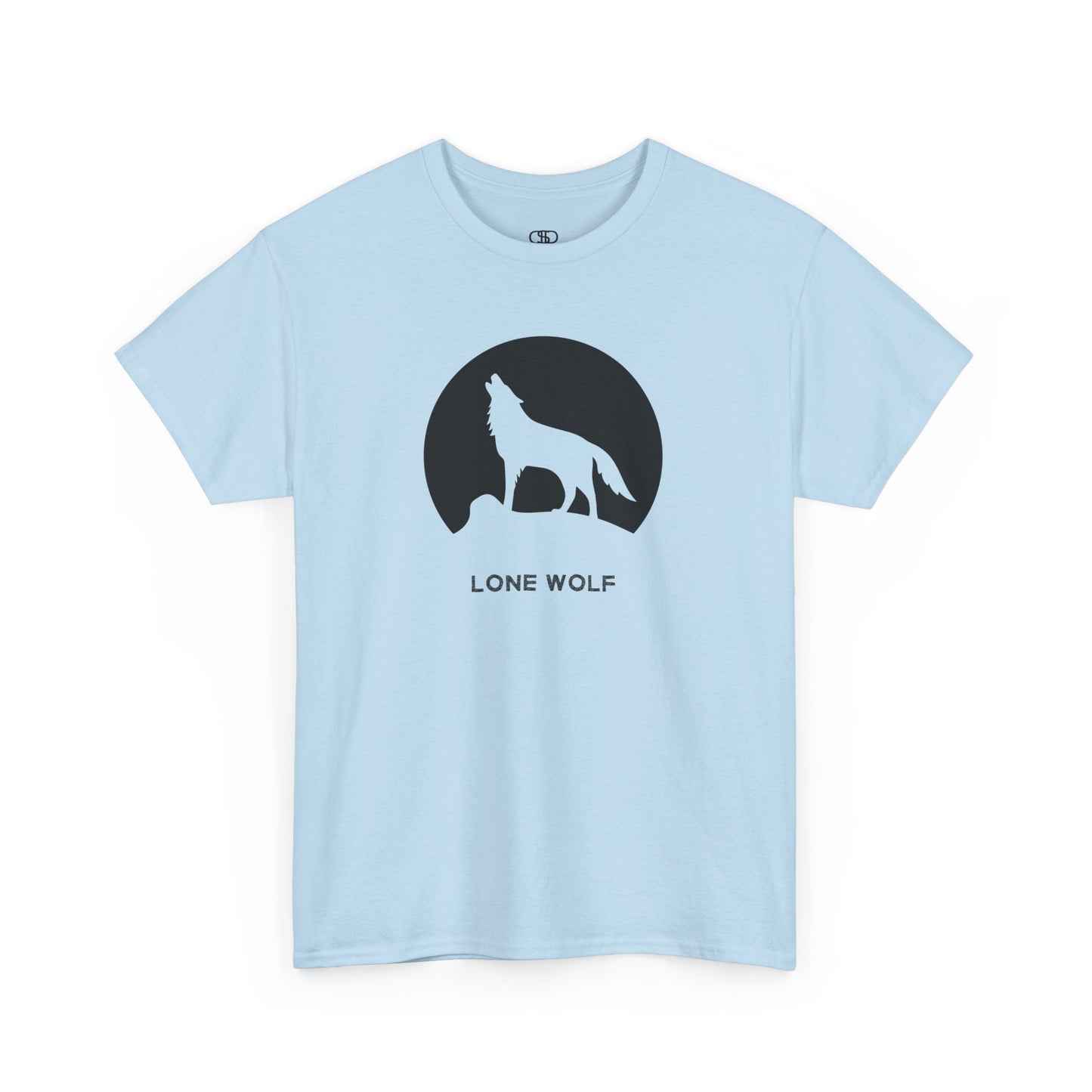 Graphic t-shirt with a black silhouette of a wolf howling on a mountain peak, with the words 'lone wolf' underneath.