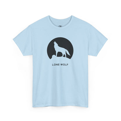 Graphic t-shirt with a black silhouette of a wolf howling on a mountain peak, with the words 'lone wolf' underneath.