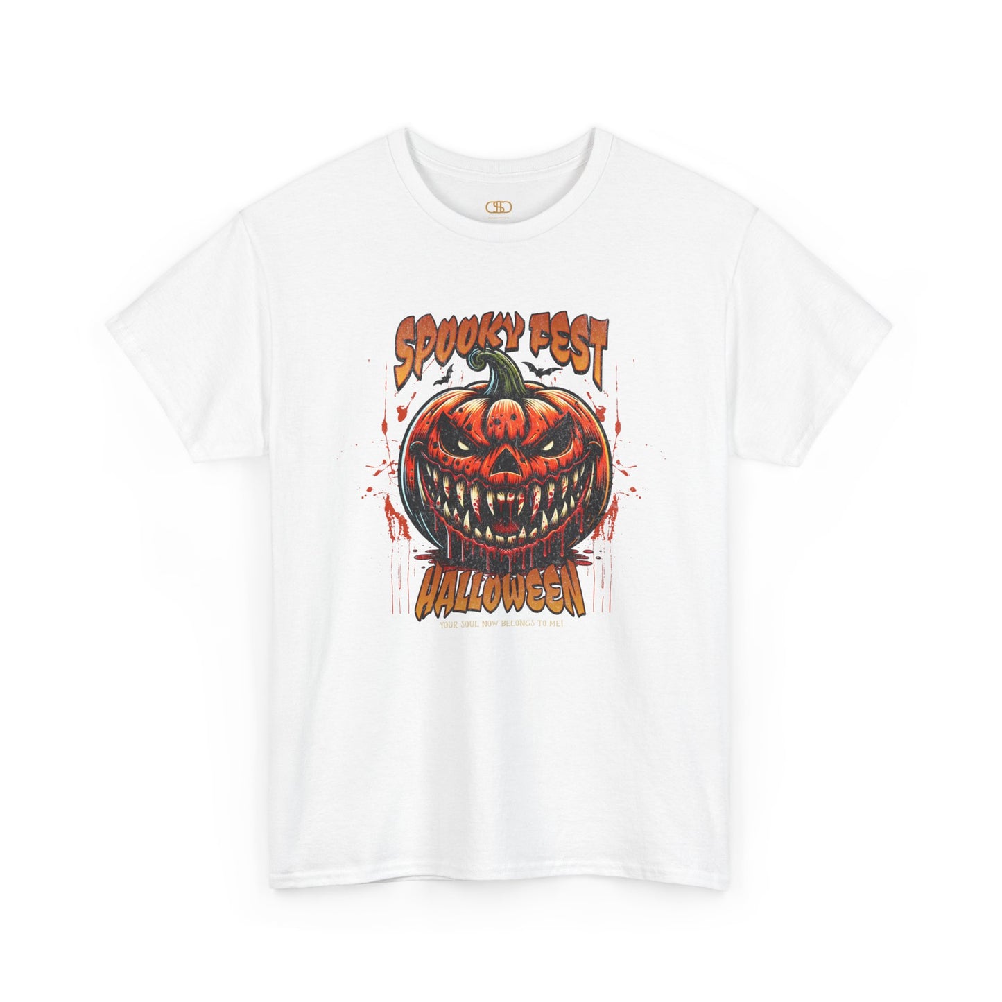 A white t-shirt featuring a Scary fanged jack-o'-lantern with "Spooky Fest Halloween Your Soul Now Belongs To Me!" text, orange and black horror t-shirt.
