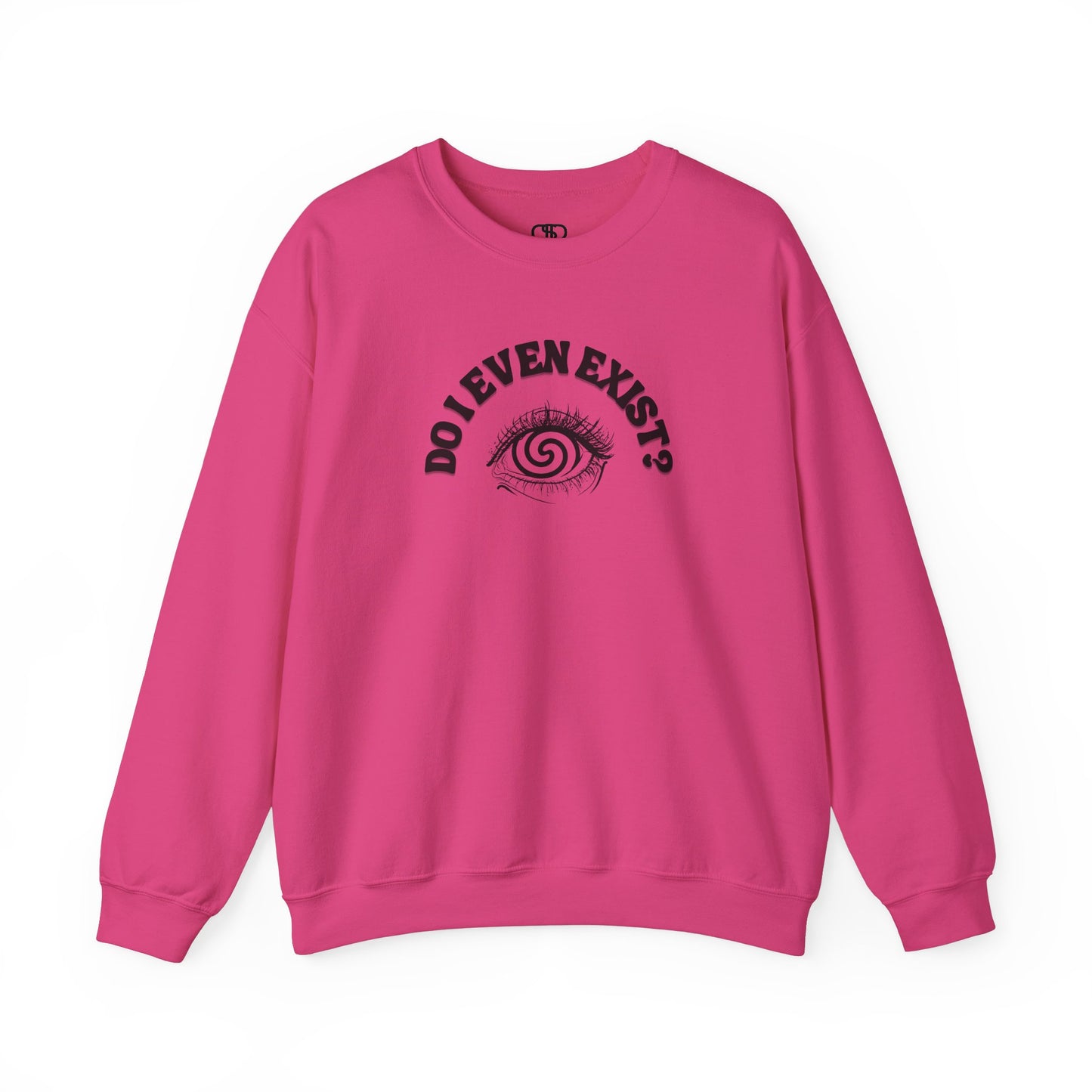 A sweatshirt with a graphic print of a detailed, realistic eye that contains an optical illusion of a spiral. The text "Do I even Exist?" is printed above the eye in a clean font.
