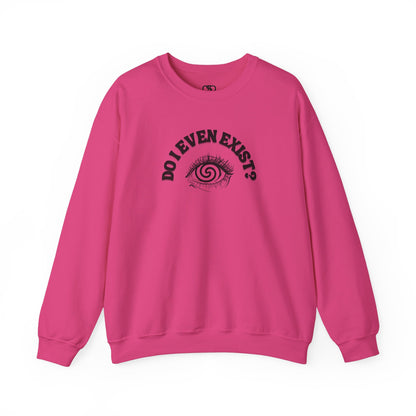 A sweatshirt with a graphic print of a detailed, realistic eye that contains an optical illusion of a spiral. The text "Do I even Exist?" is printed above the eye in a clean font.
