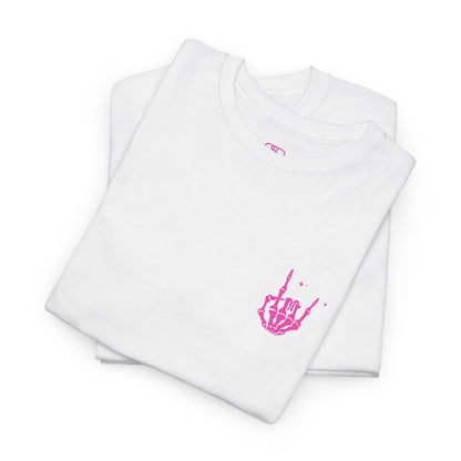 A folded white t-shirt with a skeletal rock hand on the front and a melting emoji with the phrase “I match energy So ho we gon’ Act Today?” on the back.