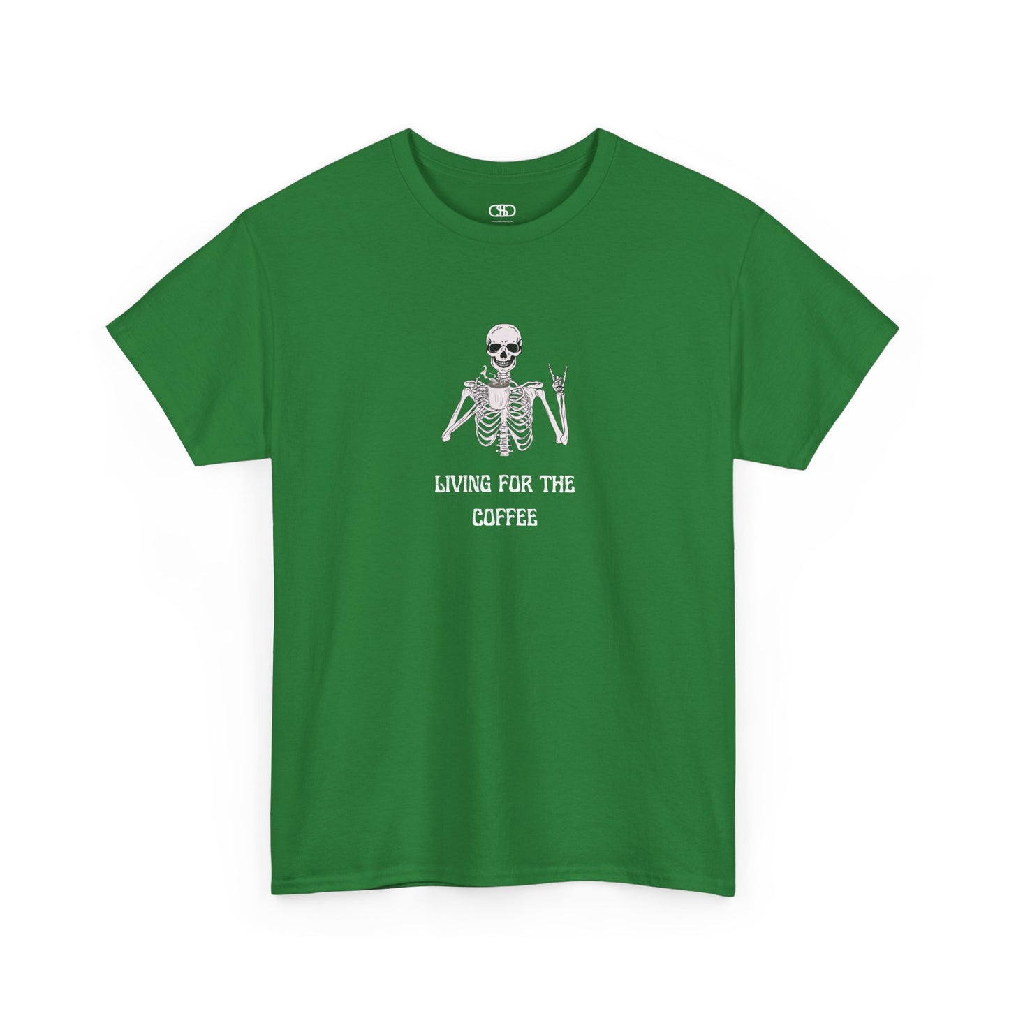 A turf green T-shirt with a skeleton holding a hot coffee, displaying a rock hand symbol, and "Living For The Coffee" text.
