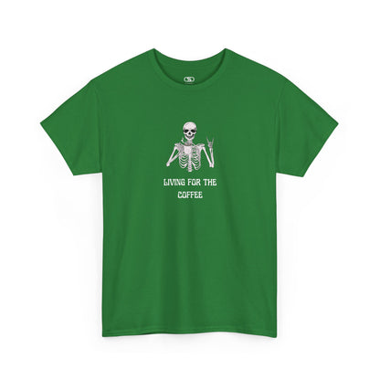 A turf green T-shirt with a skeleton holding a hot coffee, displaying a rock hand symbol, and "Living For The Coffee" text.
