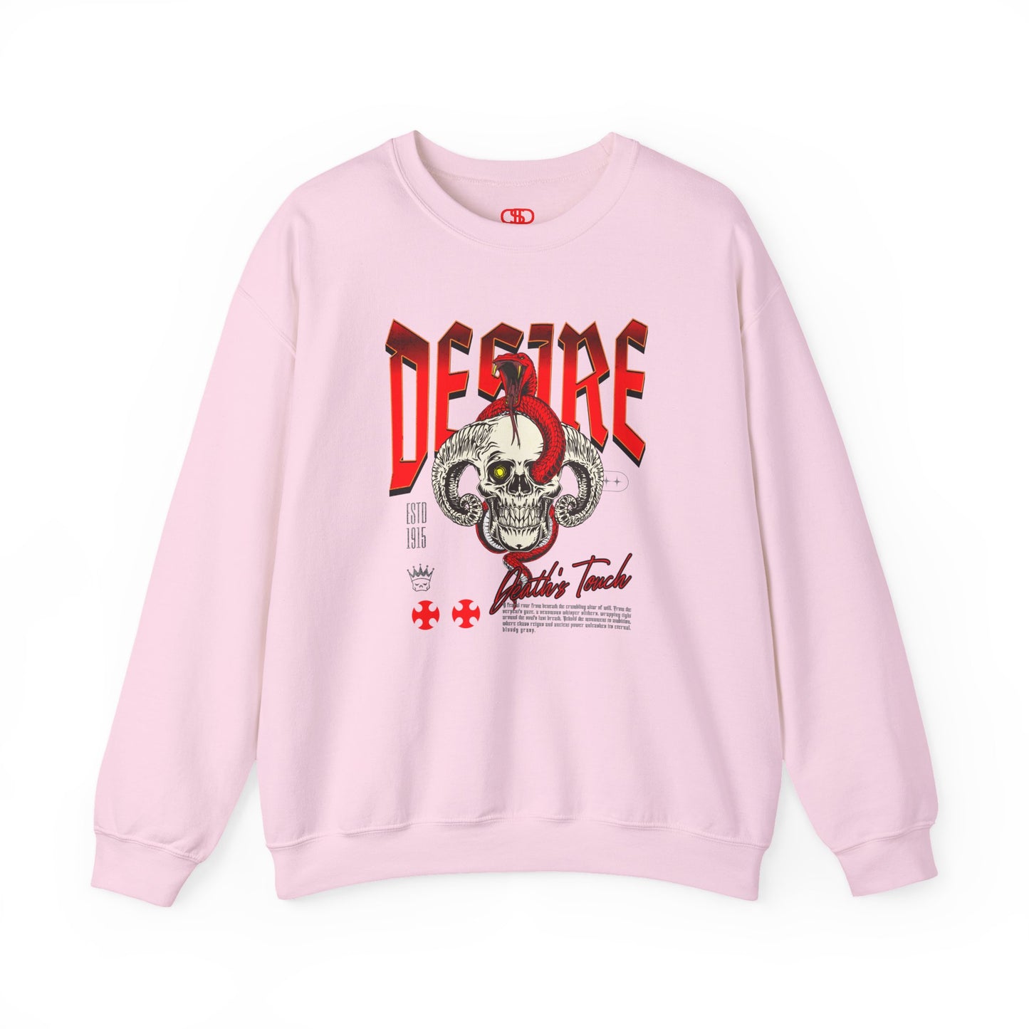 A light pink sweatshirt Horned skull with glowing eye and red snake wrapped around it, "Desire Death's Touch" text, gothic sweatshirt design.