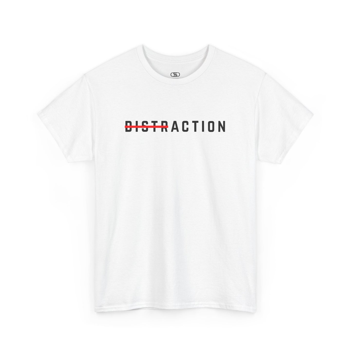 A minimalist t-shirt featuring the word "Distraction" with the 'Dist' part crossed out, emphasizing the word 'Action' in a bold font. White T-shirt.
