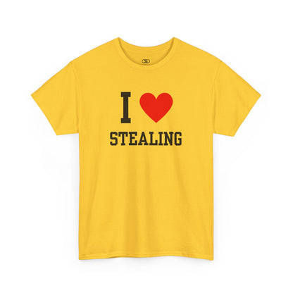 A sarcastic daisy t-shirt featuring the classic "I Heart" graphic with the text "I," love, and the word "Stealing," intended as dark humor.