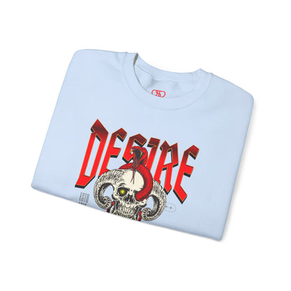 A folded light blue sweatshirt Horned skull with glowing eye and red snake wrapped around it, "Desire Death's Touch" text, gothic sweatshirt design.