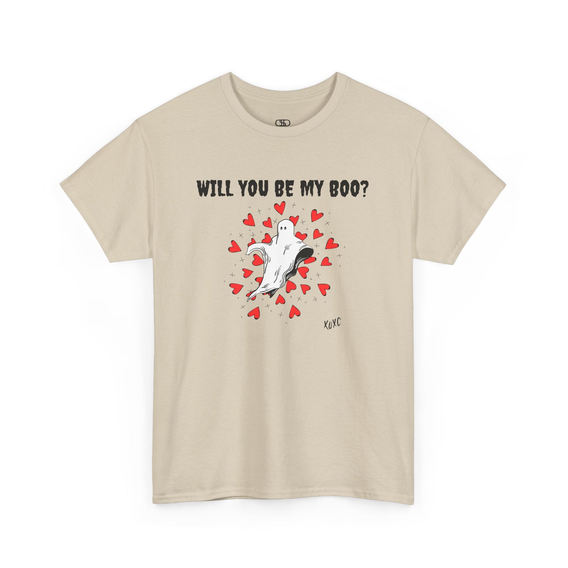 A t-shirt featuring a cute floating ghost surrounded by bursting hearts. At the top of the design, the text reads, "Will You Be my Boo?"