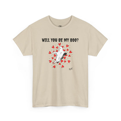  A t-shirt featuring a cute floating ghost surrounded by bursting hearts. At the top of the design, the text reads, "Will You Be my Boo?"