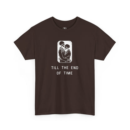 A t-shirt featuring a detailed print of two skeletons embracing in a hug with the text 'till the end of time' below them.