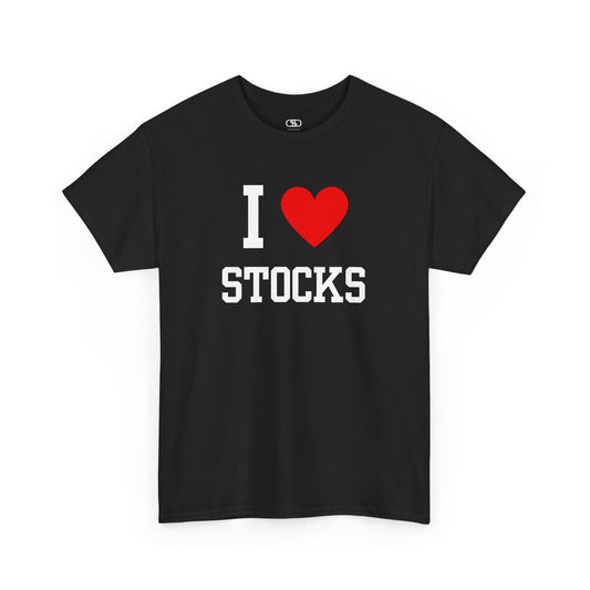 A black t-shirt displaying the text "I," a red heart graphic symbolizing love, and the word "Stocks" in a classic, bold typeface.
