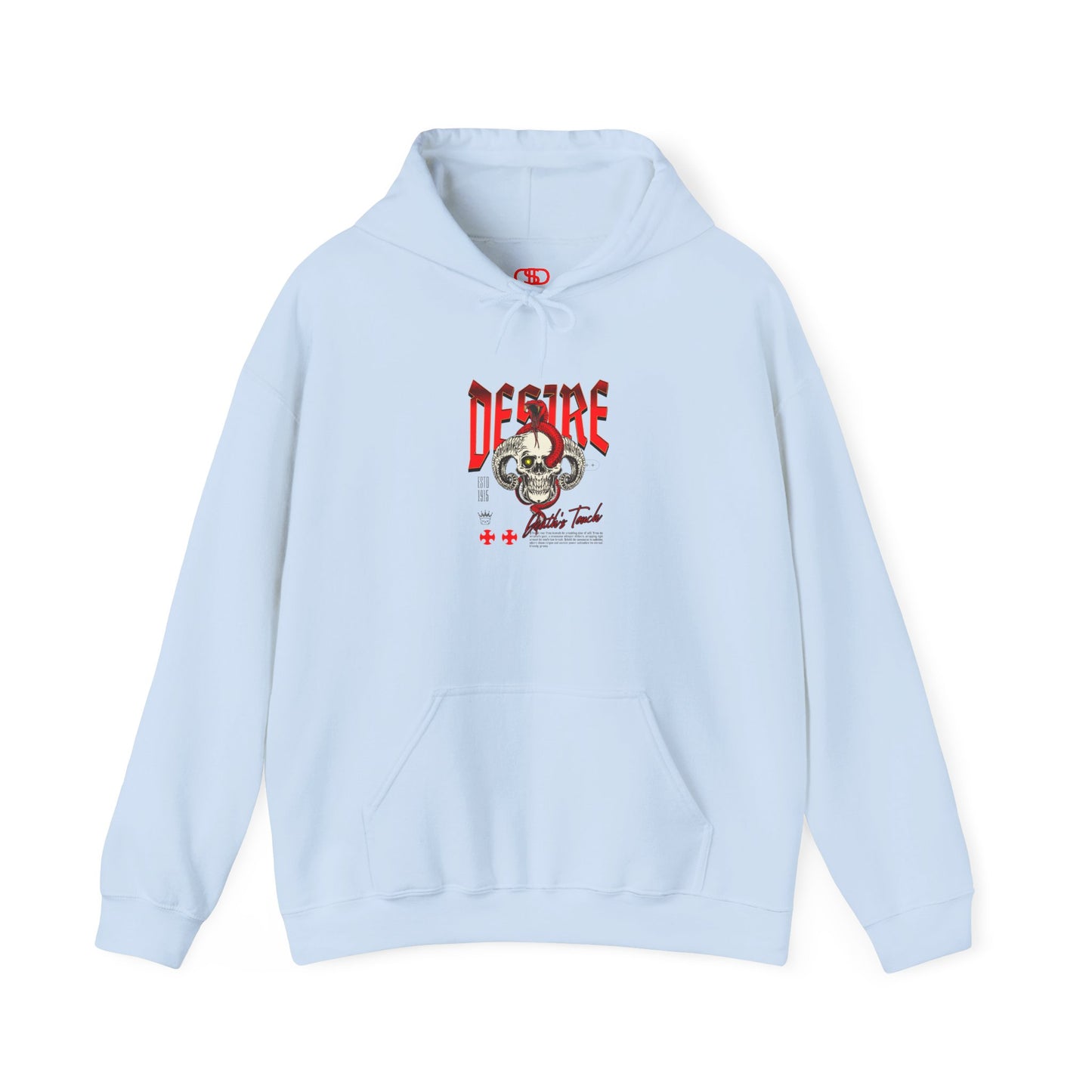 A light blue hoodie featuring a Horned skull with glowing eye and red snake wrapped around it, "Desire Death's Touch" text, gothic hoodie design.