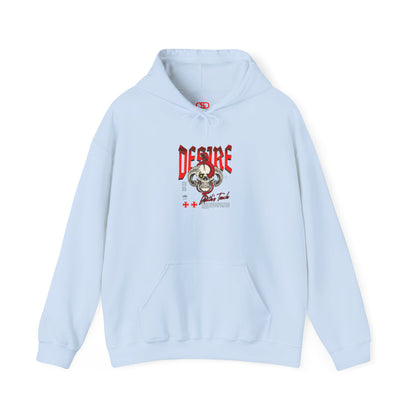 A light blue hoodie featuring a Horned skull with glowing eye and red snake wrapped around it, "Desire Death's Touch" text, gothic hoodie design.