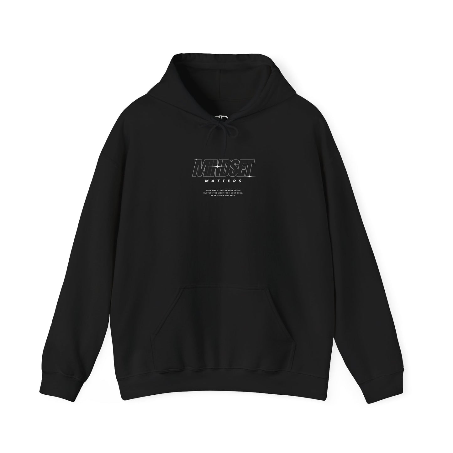 A black hoodie "Mindset Matters" text with stars on hoodie, with an inspirational quote below.