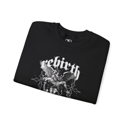 A folded black Sweater featuring an Angel carrying a figure with "Rebirth" text, white and black gothic spiritual art apparel.