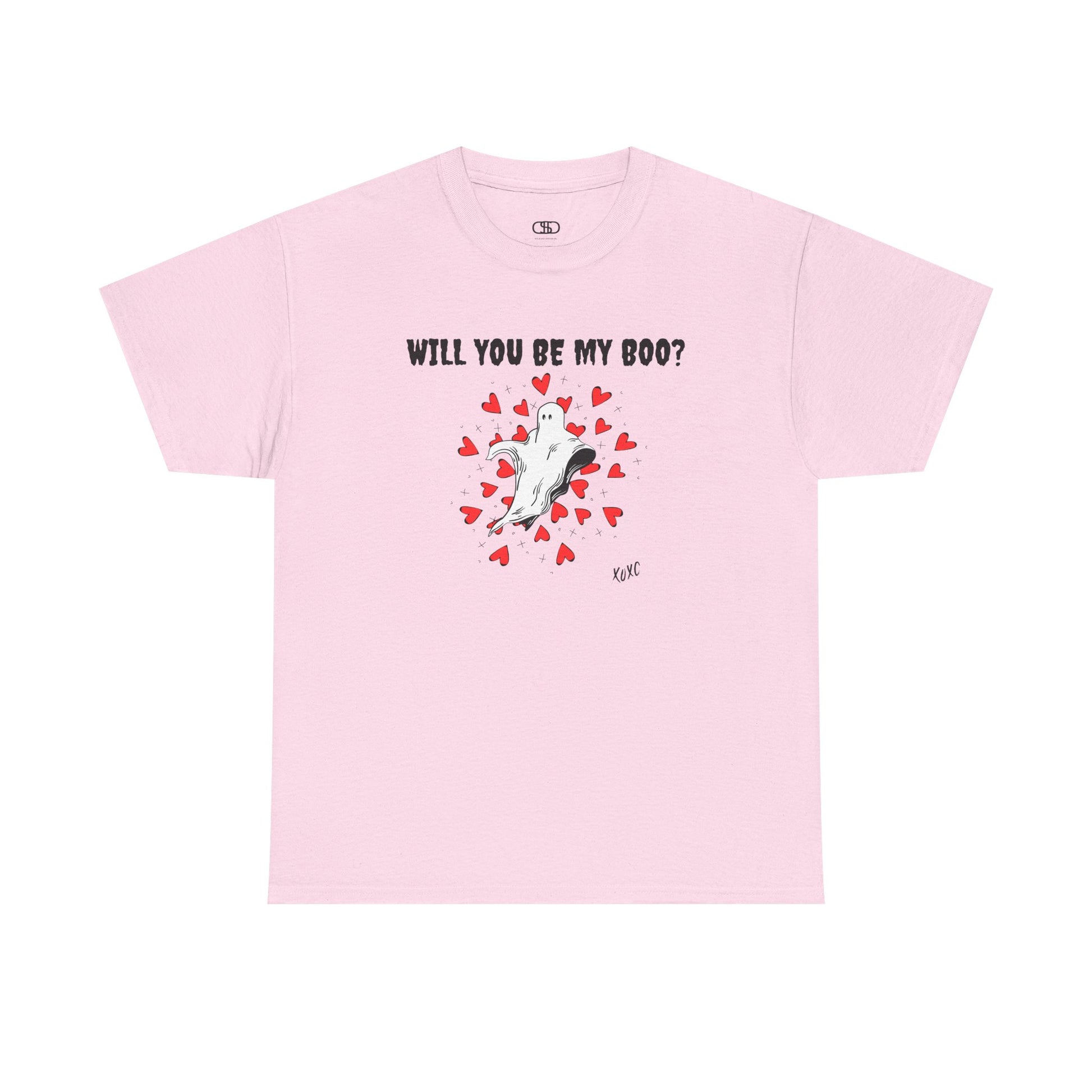 A t-shirt featuring a cute floating ghost surrounded by bursting hearts. At the top of the design, the text reads, "Will You Be my Boo?"