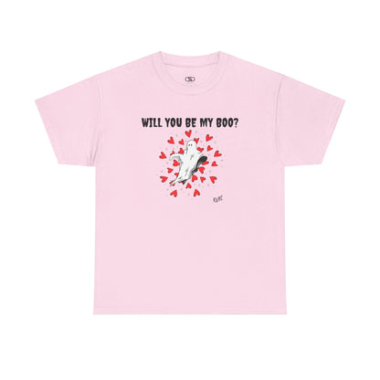  A t-shirt featuring a cute floating ghost surrounded by bursting hearts. At the top of the design, the text reads, "Will You Be my Boo?"