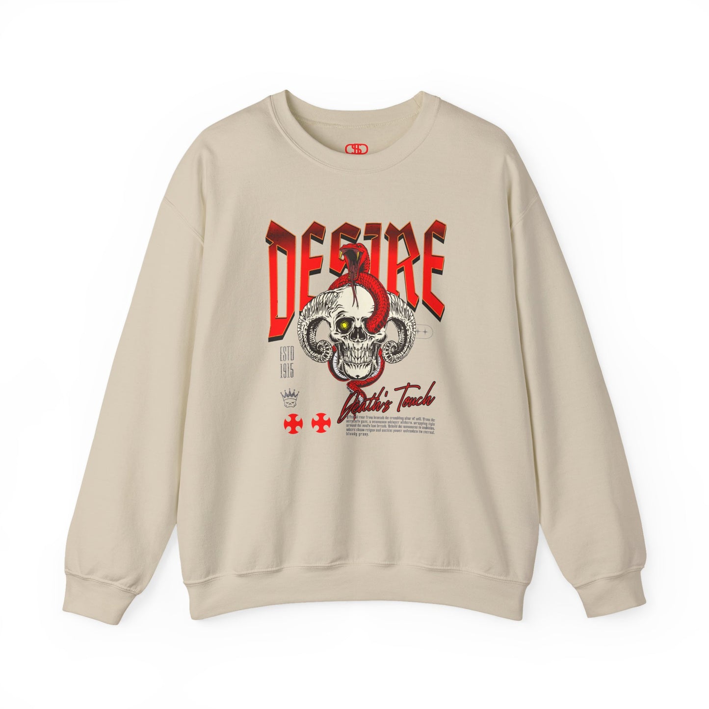 A sand sweatshirt Horned skull with glowing eye and red snake wrapped around it, "Desire Death's Touch" text, gothic sweatshirt design.