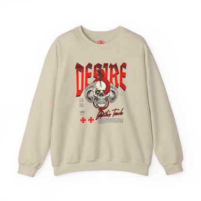 A sand sweatshirt Horned skull with glowing eye and red snake wrapped around it, "Desire Death's Touch" text, gothic sweatshirt design.