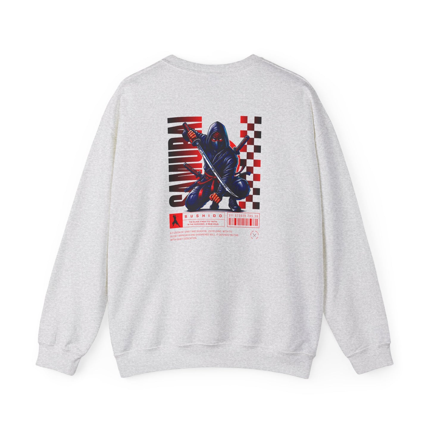 An ash gray sweatshirt featuring a Crouching ninja with two katanas and "Bushido" text, red and black Japanese-inspired sweatshirt design.