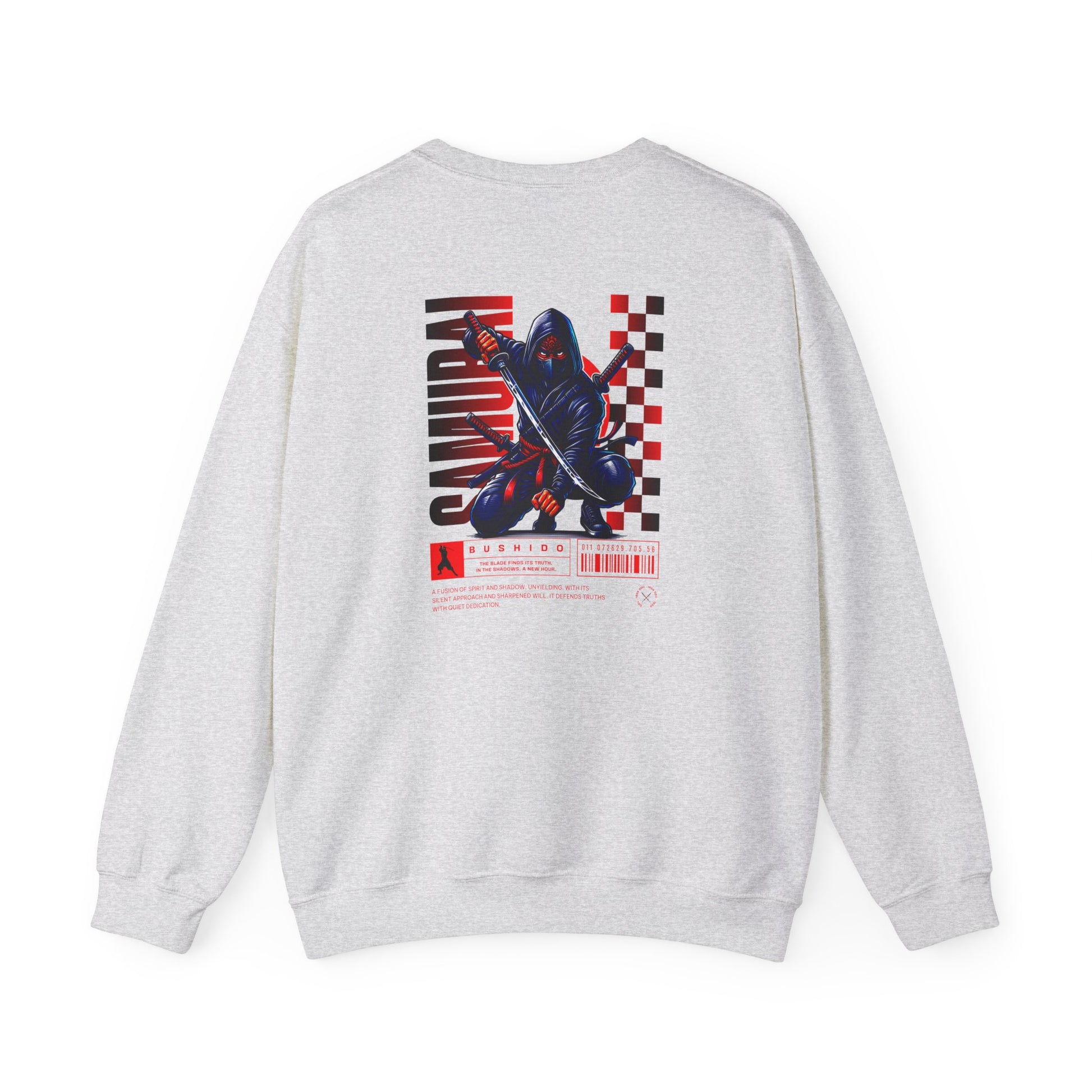 An ash gray sweatshirt featuring a Crouching ninja with two katanas and "Bushido" text, red and black Japanese-inspired sweatshirt design.