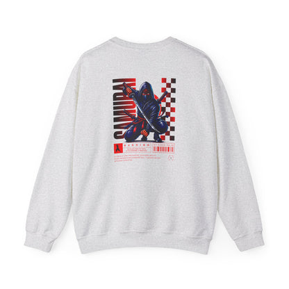 An ash gray sweatshirt featuring a Crouching ninja with two katanas and "Bushido" text, red and black Japanese-inspired sweatshirt design.