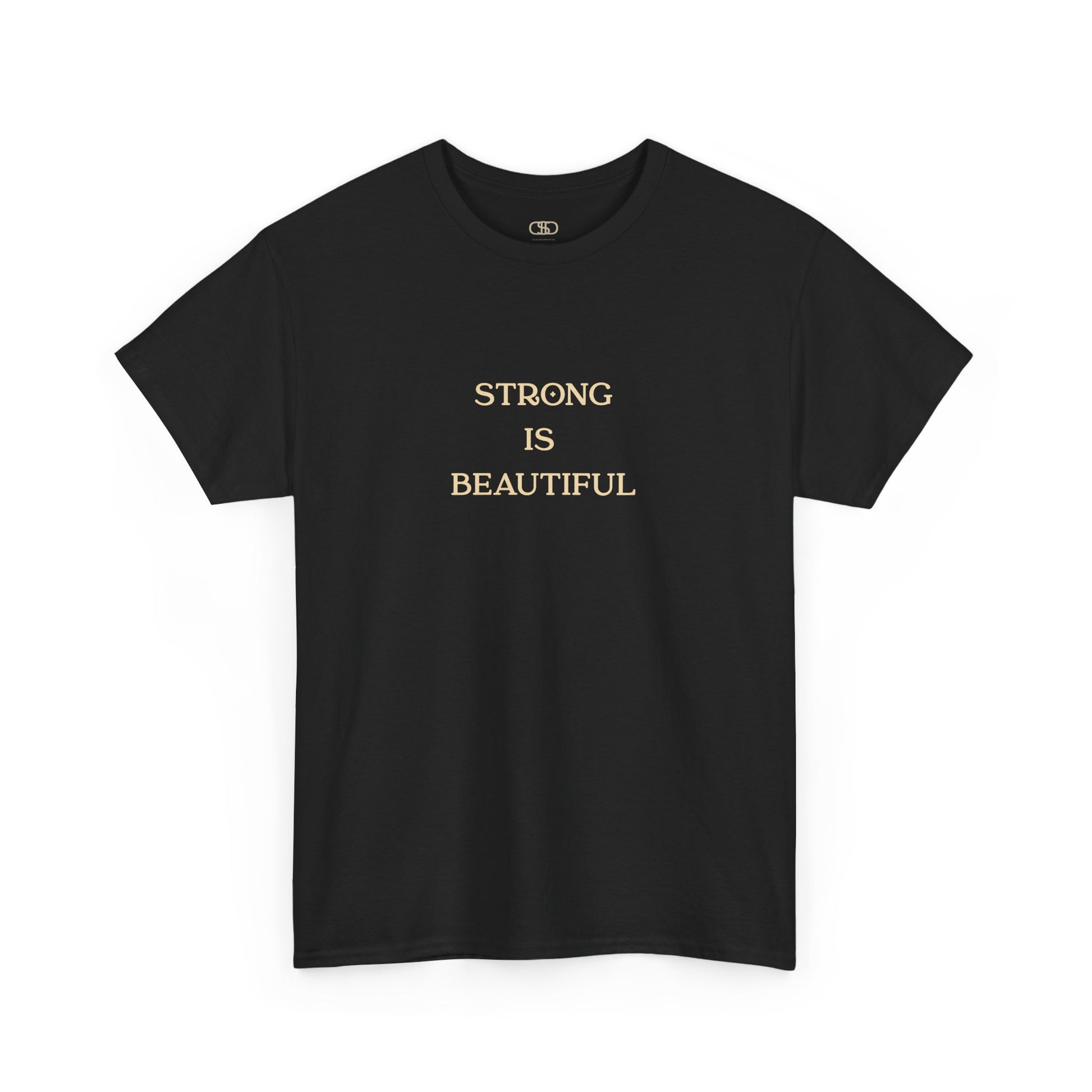 An Art Nouveau style illustration on the back of a black t-shirt, featuring a strong woman with flowing brown hair curling a dumbbell. Below her, the words "Strong is Beautiful" are written in an elegant, stylized font, framed by intricate floral and line work.
