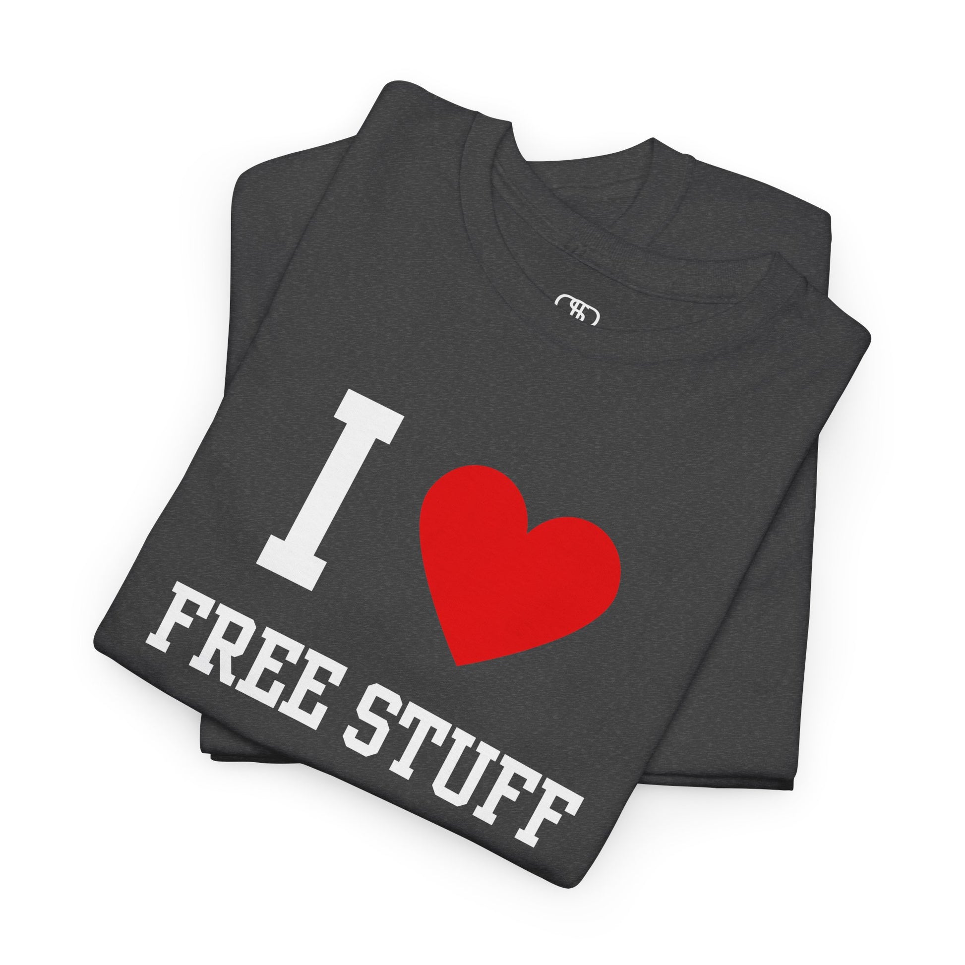 A funny folded heather gray t-shirt with the iconic "I Love" design, featuring the text "I," a red heart, and the phrase "Free Stuff" below.