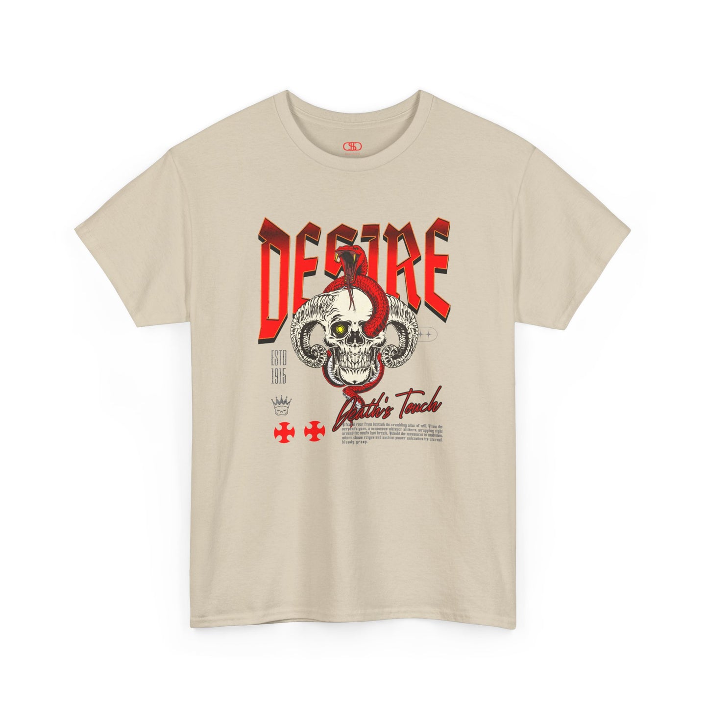 A sand t-shirt featuring a Horned skull with glowing eye and red snake wrapped around it, "Desire Death's Touch" text, gothic t-shirt design.