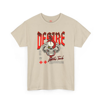 A sand t-shirt featuring a Horned skull with glowing eye and red snake wrapped around it, "Desire Death's Touch" text, gothic t-shirt design.