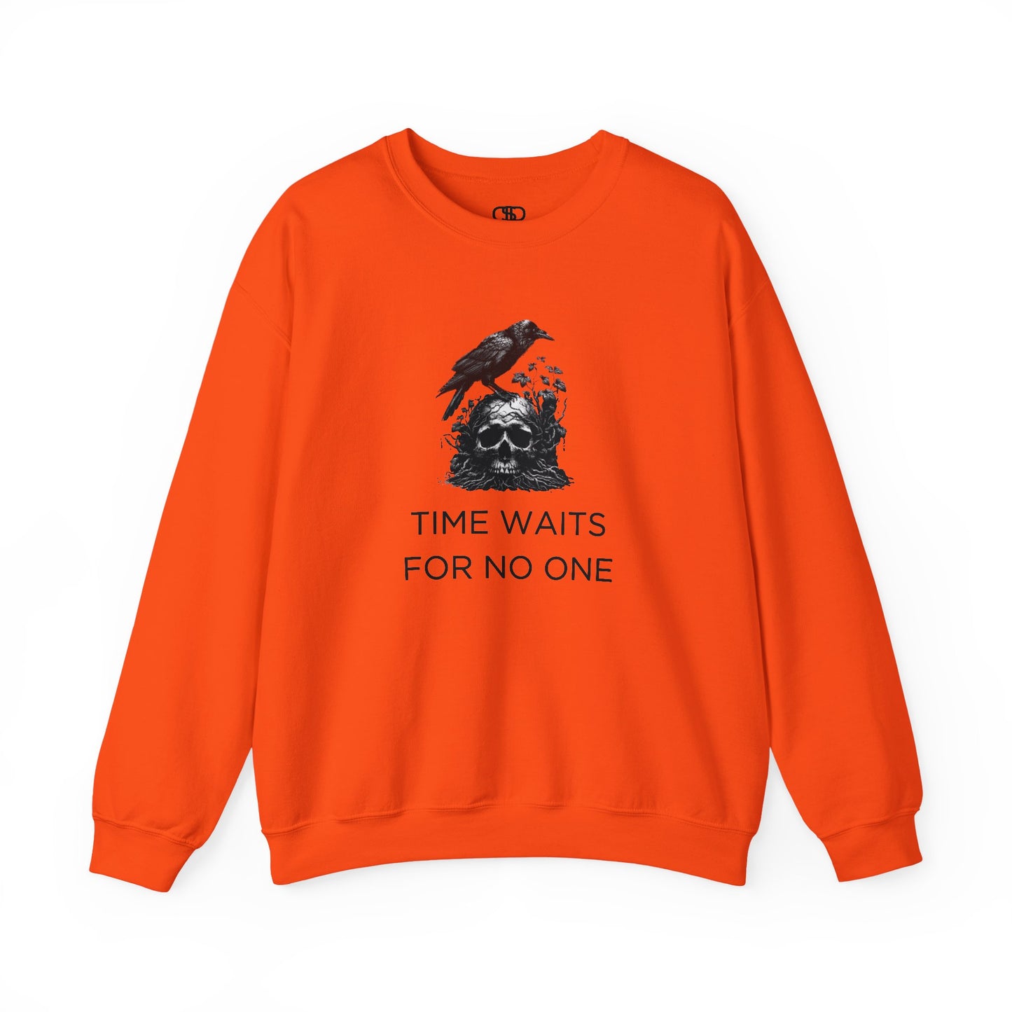 A sweatshirt featuring a detailed illustration of a crow perched on a human skull that is intertwined with overgrown vines and moss. Along with the words Time Waits For No One. 