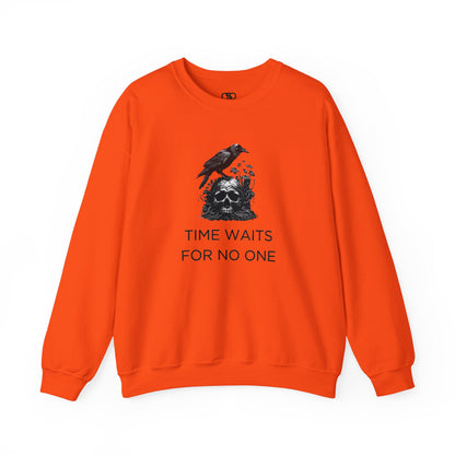 A sweatshirt featuring a detailed illustration of a crow perched on a human skull that is intertwined with overgrown vines and moss. Along with the words Time Waits For No One. 