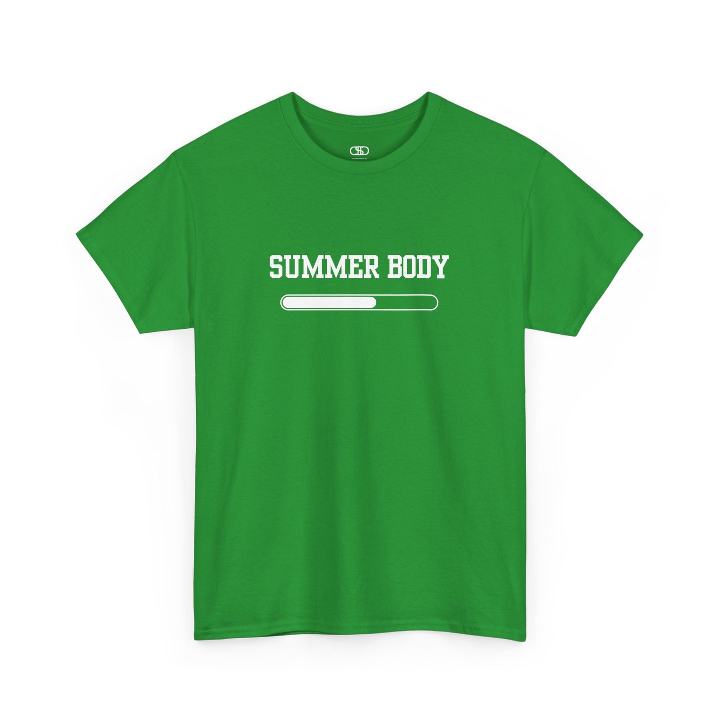An Irish green t-shirt with a loading bar and “Summer Body” on the front and “I left my summer body at home I prefer not to show off” on the back.